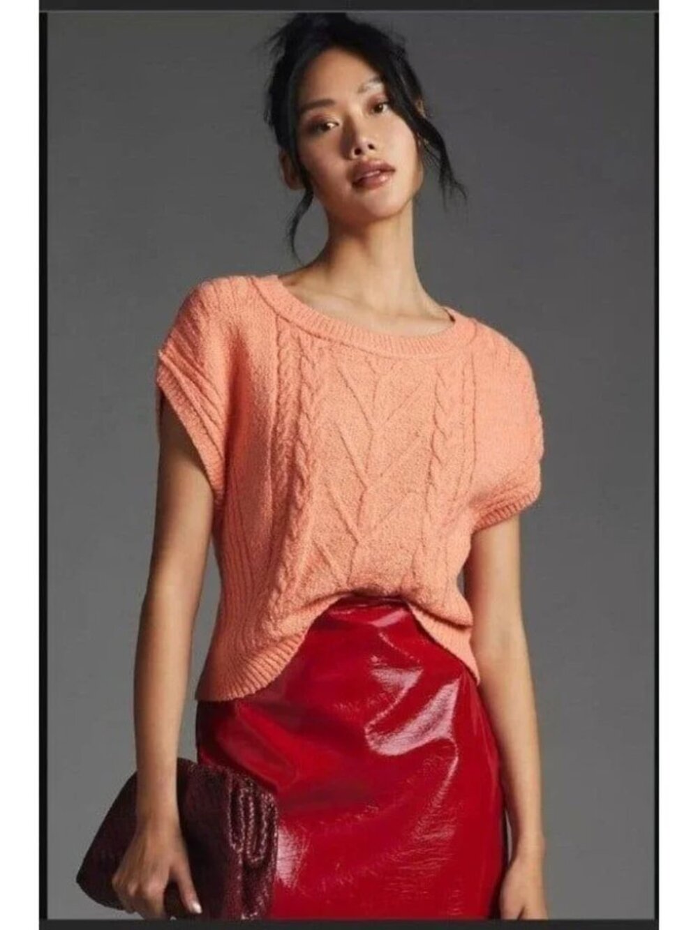 NWT Anthropologie Pilcro Coral Peach Cable Knit Short Sleeve Sweater Womens XL